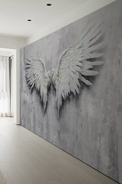 dreamwall Beyaz Kuşlar Kanatlı Desenli Gri Fonlu Tekstil Duvar Kağıdı