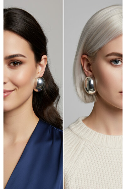 Ervalina BÜYÜK FIRSAT 2'Lİ Yuvarlak ve Oval Model Gümüş Küpe