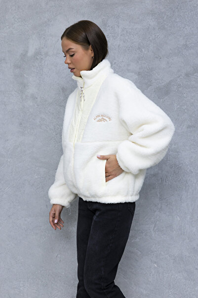 GİYSA Дамско палто с висока яка, двойни джобове и цип, от флийс, бяло - 5194