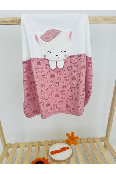 MimiCo Bebek Pamuklu Battaniye 90x85 Kedi Figürlü-Pembe Desenli
