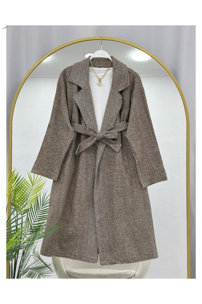 YEDİLALE Baliksirti Patterned Belted Coat Without Lining 100 cm Medium [S(36/38) M(40) L(42/44) Compatible]