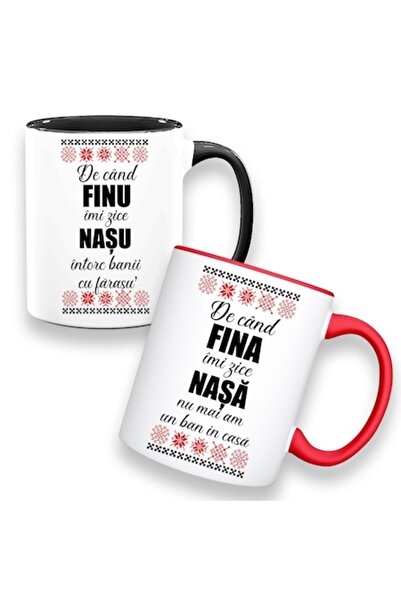 OEM Set 2 personalized mugs with message: "De când finu îmi zice nașu, întorc...