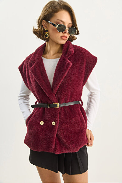 Bianco Lucci Women's Faux Textured Belted Pocket Detailed Lined Vest 11162 60283598