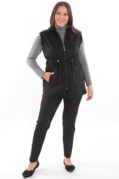 Metpoint Trend42Plus Plus Size Suede Black Vest with Elastic Waist and Pocket Detail