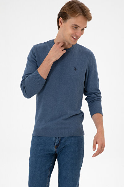 U.S. Polo Assn. Erkek Slim Fit Bisiklet Yaka Koyu Mavi Melanj Basic Kazak 50313713-VR251