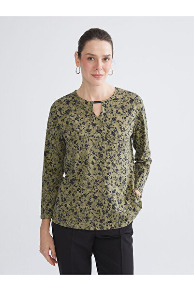 LC Waikiki Haki Bisiklet Yaka Çiçekli Bluz