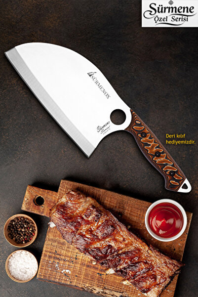 SÜRMENOX Sürmene Serisi B Almazan Mutfak Şef Bıçağı Bıçak Kamp Bıçağı Deri Kılıflı Kahve Verzalit Sap HDS-123