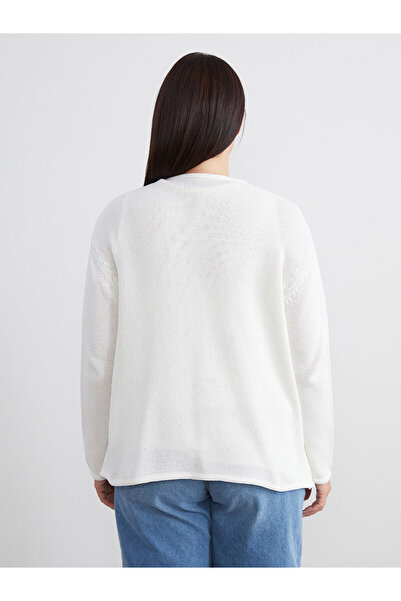 LC Waikiki Ecru Plus Size V-Neck Women's Knitwear Cardigan