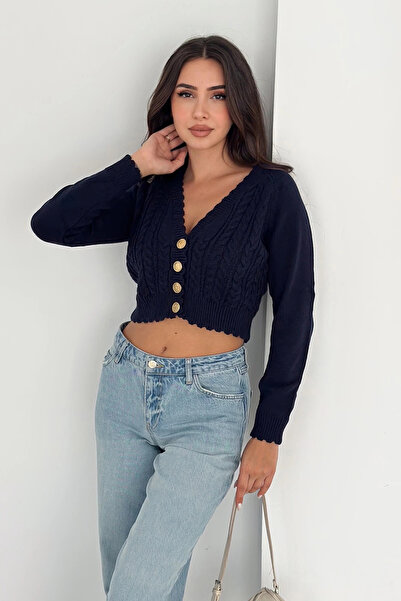 AsprinFashion Button Detailed Knitwear Sweater Navy Blue