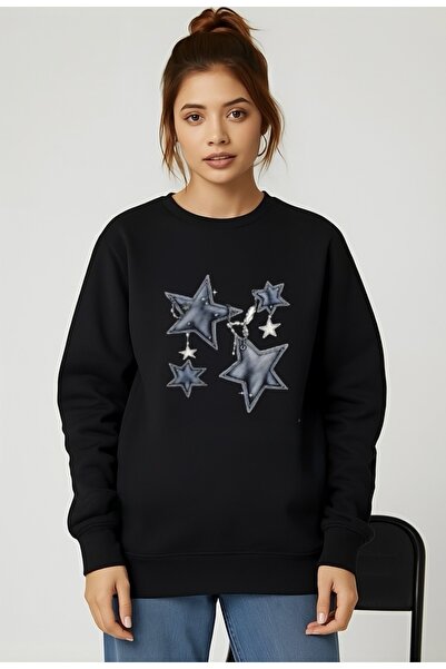 FUFLUNS سترة رياضية فضفاضة بطباعة نجمة وسلسلة للجنسين بياقة دائرية