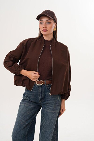 Flame İstanbul Butik Hakim Brown Coat with Zipper and Elastic Waist Srp1190