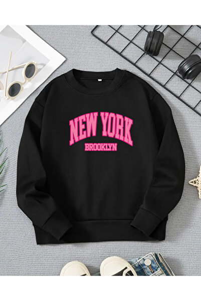 haha Kız Çocukları için New York Baskılı Uzun Kollu T-shirt
