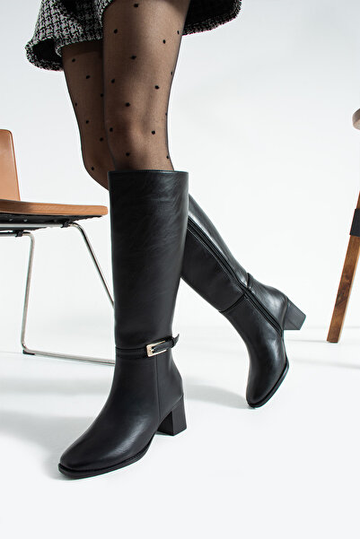 Gökçe Shoes Ninel Siyah Toka Detay Kadın Topuklu Çizme