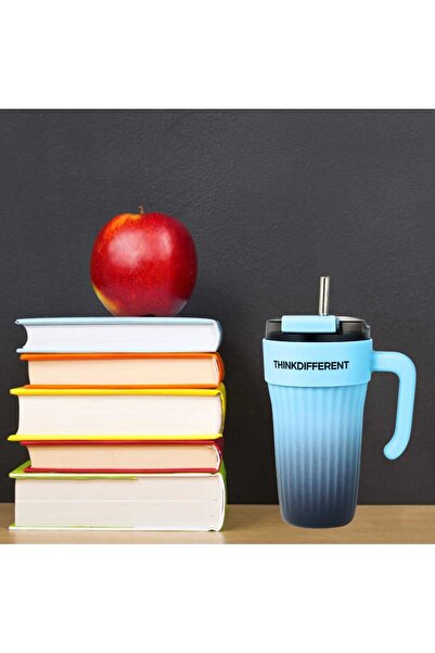 Bondy Think Different Kulplu Kapaklı Büyük Boy Mug 860 ml - Pipetli Paslanmaz Çelik Termos Bardak