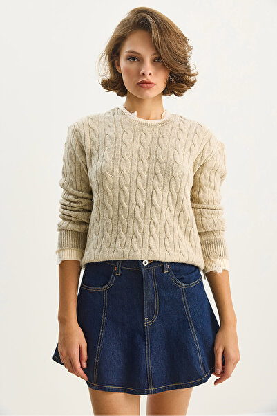 Bianco Lucci Women's Crew Neck Hair Braid Patterned Ribbed Cuff Detailed Knitwear Sweater Tk251087 60283599