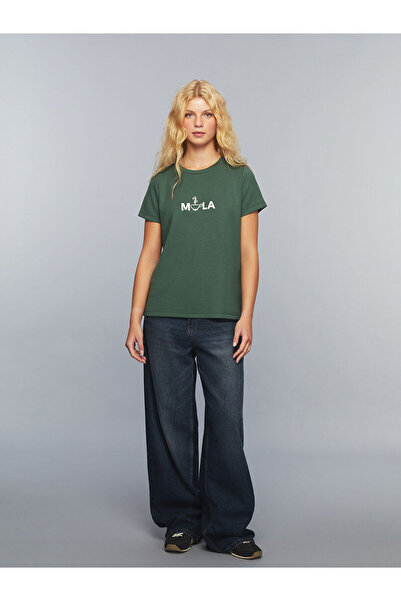 LC Waikiki Γυναικείο μπλουζάκι Green Bicycle Collar Slogan με τύπωμα