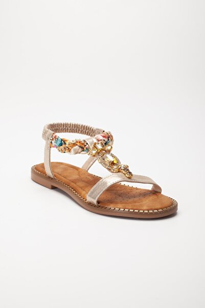 Dilimler Ayakkabı Women's Flat Heeled Sandals with Gold Stone Buckle and Tekband Mesh Hard Hat
