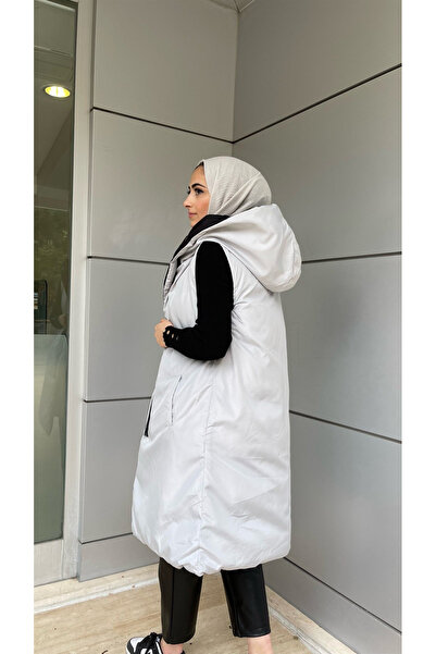 Modayıldızlar Черно-сиво двулицево дълго яке с качулка