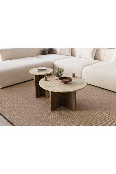 MONEayna Private Dekoratif Mermer Ceviz 2'li Orta Sehpa İskandinav