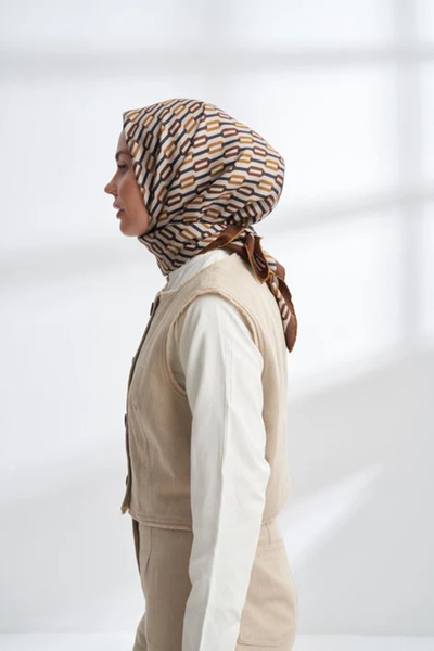 ARMANDA Premium Serisi Line Desen %100 Twill İpek Eşarp Desenli İpek Eşarp Silk - Kamel