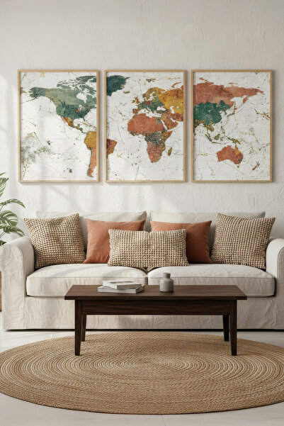 Tontilika Vintage Dünya Haritası 3 Parçalı Ahşap Çerçeveli Tablo Seti