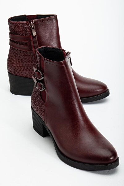 Dilimler Ayakkabı Bordo Kadın Topuklu Bot Hasır Detaylı Suni Deri Tokalı