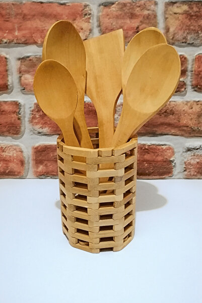 ELEGANCEV Round Bamboo Stand - Wooden Spoon Spatula Serving Set -6 Pieces