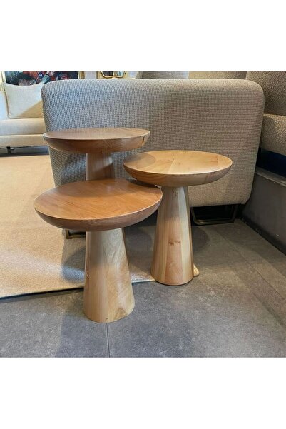 Nova Dizayn DOĞAL AHŞAP VERNİKLİ 3'Lü Mantar Sehpa