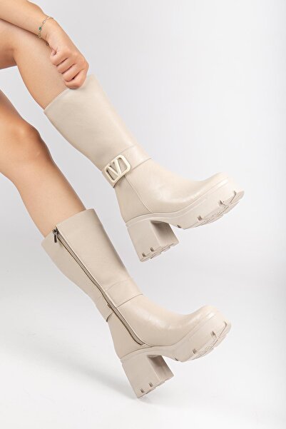 Dilimler Ayakkabı Μπεζ γυναικείες μπότες με τακούνι πλατφόρμας κάτω από το γόνατο από συνθετικό δέρμα με αγκράφα
