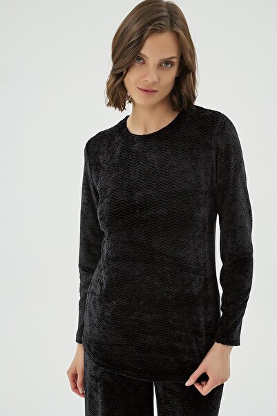 Sevim Жіночий чорний оксамитовий комплект піжами з довгими рукавами та широкими штанинами C2T7N171