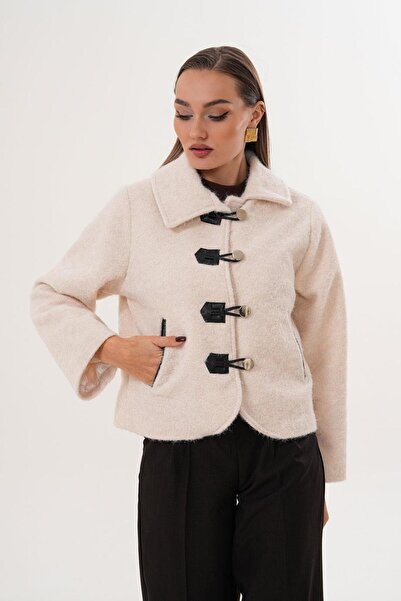 Flame İstanbul Butik Δερμάτινο μπουφάν με ρέλι Floto με πόρπη με τσέπες κρεμ SRP1091