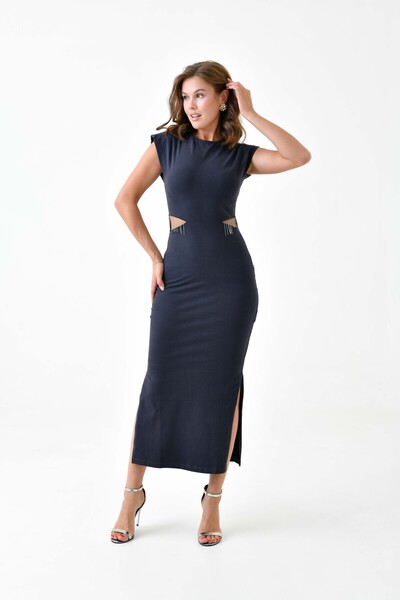 loia Women's Anthracite Slit Detailed Midi Dress Shoulder Padded Side Cutout ...