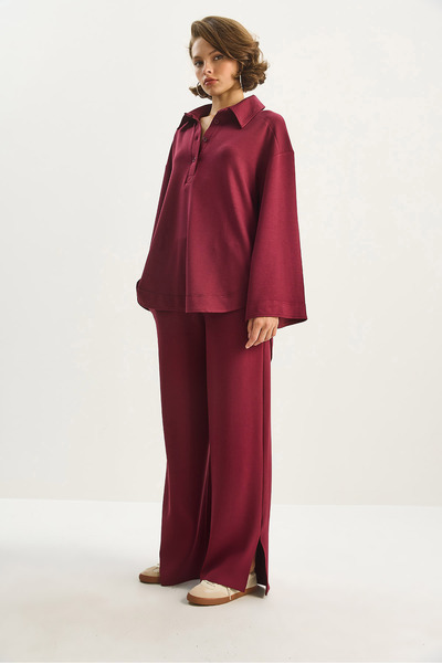 Bianco Lucci Women's Button Detailed Polo Neck Relaxed Fit Modal Bottom-Top Set 4036 60283607