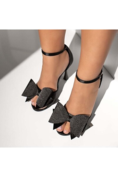 BMoD Black satin women's sandals with heel and bows MOD13807