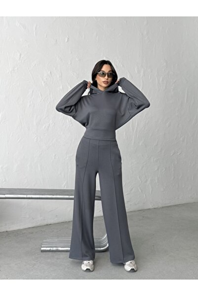 BEJNA Dámská šedá modalová mikina s kapucí a širokými nohavicemi, spodní část, měkký sportovní komplet