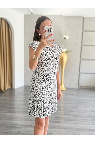 BETULAKSUBUTİK Short Sleeve Crew Neck Hem Flounce Short Woven White Dress