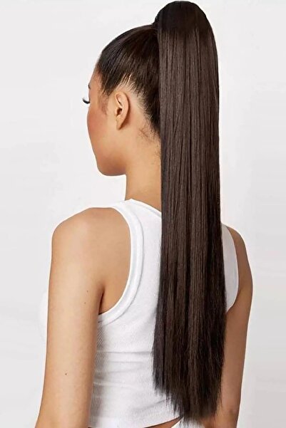 AKOLİFE Kahverengi Tokalı Düz At Kuyruğu Saç Postiş Takma Saç - Gerçek Saç Do...