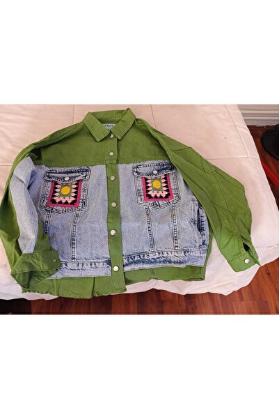 Kısmetin Butiği Women's Ethnic Patterned Colorful Denim Jeans Jacket Creates Uniqueness and Is Green.