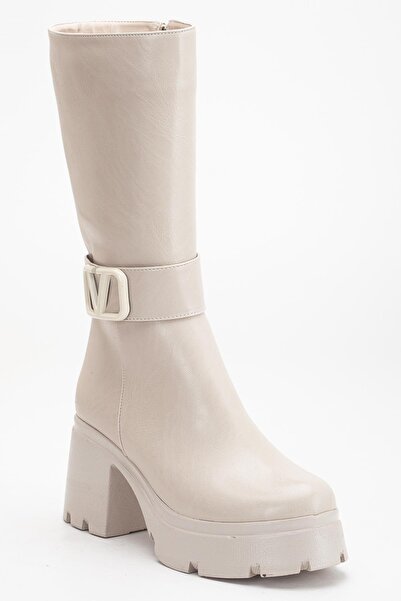 Dilimler Ayakkabı Μπεζ γυναικείες μπότες με τακούνι πλατφόρμας κάτω από το γόνατο από συνθετικό δέρμα με αγκράφα