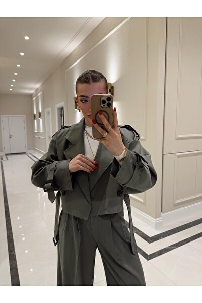 FMN Collection tasarım muadil kemerli bağlama detay crop kısa oversize spor şık miini çizgi kumaş trenç ceket