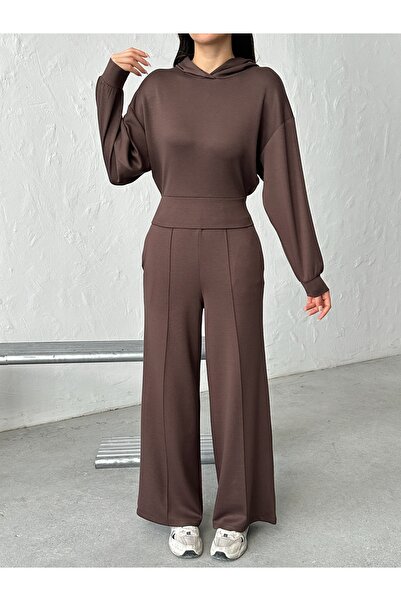 BEJNA Női barna modál textúrájú kapucnis felső, széles szárú nadrág alsó felső, puha sportruha