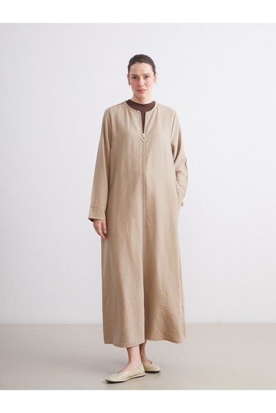 LC Waikiki TexX Store Kalitesi LCW Grace Bej Keten Görünümlü Düz Midi Ferace