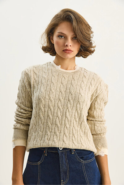 Bianco Lucci Women's Crew Neck Hair Braid Patterned Ribbed Cuff Detailed Knitwear Sweater Tk251087 60283599