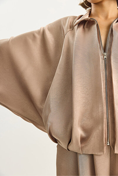 Bianco Lucci Women's Polo Neck Zippered Balloon Sleeve & Hem Detail Satin Top and Bottom Set 6897 60283604