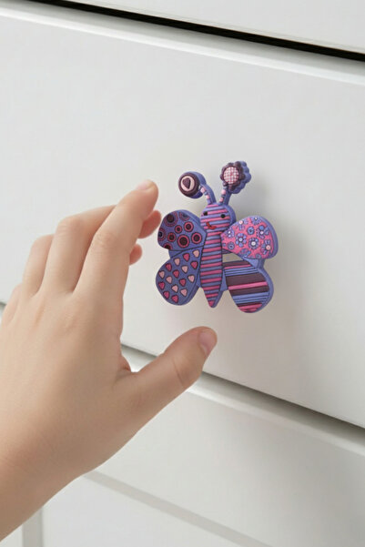 MegaVitrin 5 Pieces Purple Butterfly Children's Room Furniture Handle Set - Single Screw Cabinet and Drawer Handles