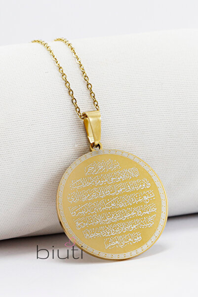 biuti Gold Çift Taraflı Çelik Kolye Ayetel Kürsi Arka Yüzünde Nazar Ayeti Yaz...