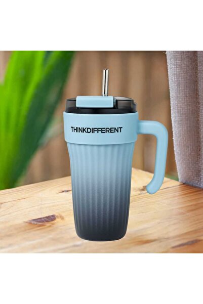Bondy Think Different Kulplu Kapaklı Büyük Boy Mug 860 ml - Pipetli Paslanmaz Çelik Termos Bardak