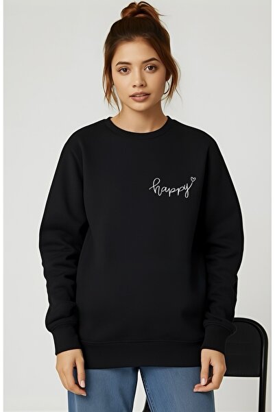 FUFLUNS Hanorac unisex supradimensionat cu imprimeu HAPPY pentru femei/bărbați