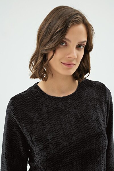 Sevim Жіночий чорний оксамитовий комплект піжами з довгими рукавами та широкими штанинами C2T7N171