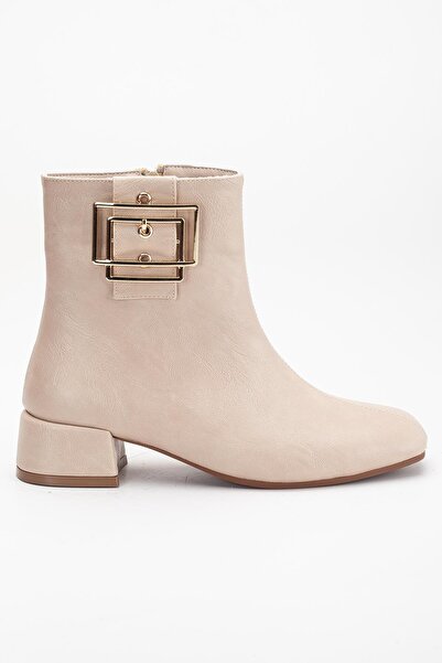 Dilimler Ayakkabı Μπεζ γυναικείες μπότες με χαμηλό τακούνι, απαλό δέρμα με μεταλλικά αξεσουάρ